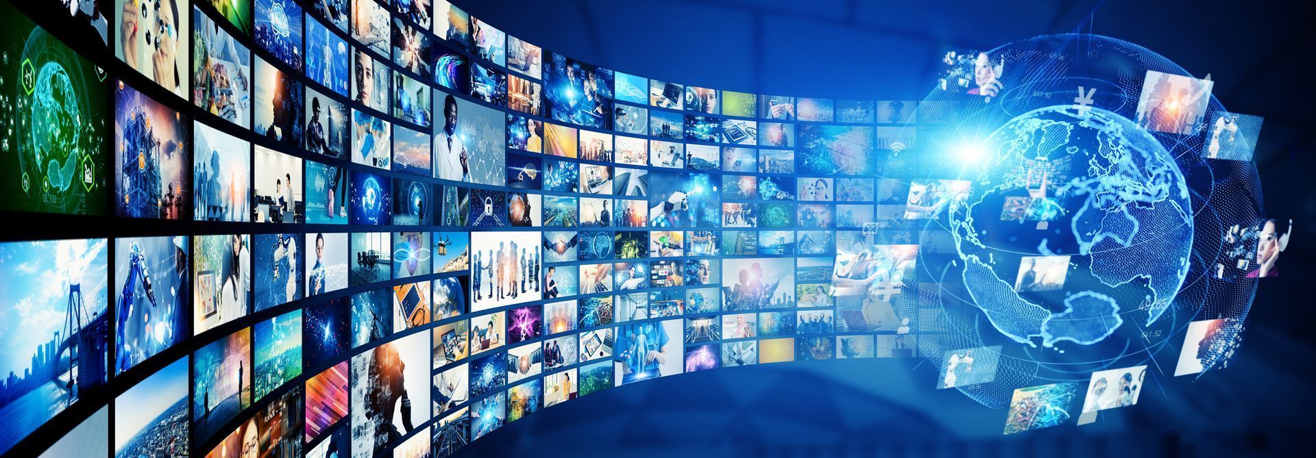 Curved array of screens displaying media, with a glowing globe at the right, symbolizing global communication.