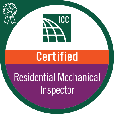 A sticker that says icc certified residential mechanical inspector