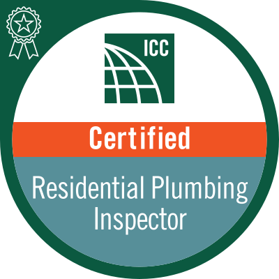 An icc certified residential plumbing inspector badge