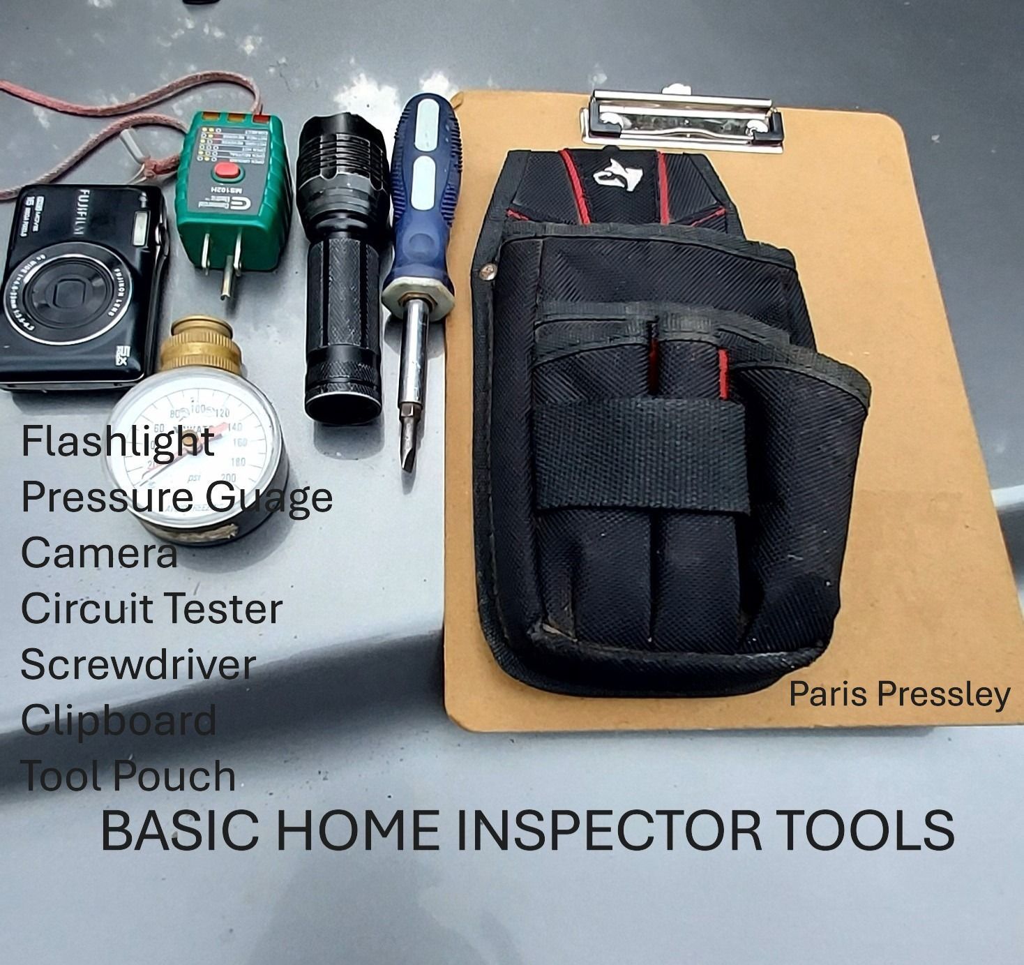 Home inspector tool pouch with flashlight, pressure gauge, camera, circuit tester, screwdriver, and clipboard on a table