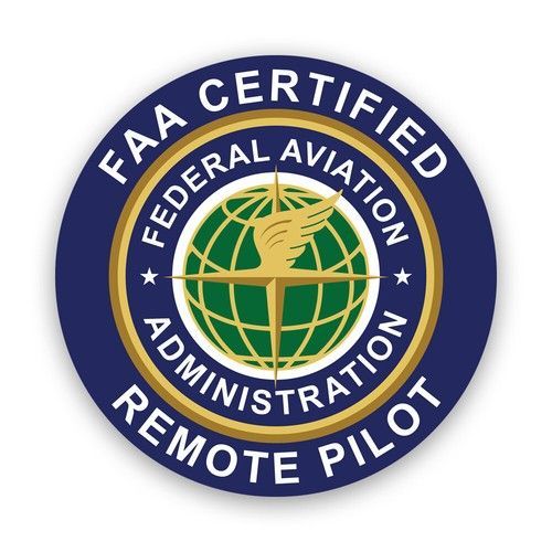 FAA Certified Remote Pilot badge with blue ring and gold Federal Aviation Administration emblem