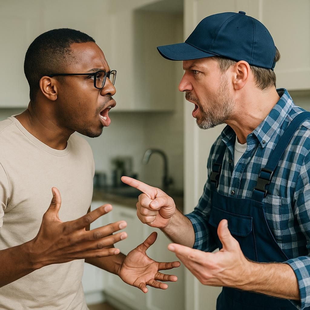 Two men arguing face-to-face in a kitchen, gesturing with tense expressions.