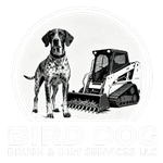Black-and-white logo of a spotted dog beside a skid steer with faint Bird Dog Brush & Dirt Services text