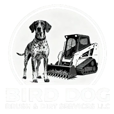 Black-and-white logo of a spotted dog beside a skid steer with faint Bird Dog Brush & Dirt Services text