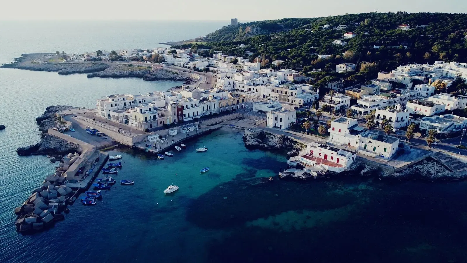 Veduta aerea di una cittadina portuale costiera con acque turchesi, barche ed edifici bianchi lungo la riva.