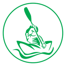 Logo verde di un canoista in kayak con una pagaia all'interno di un cerchio