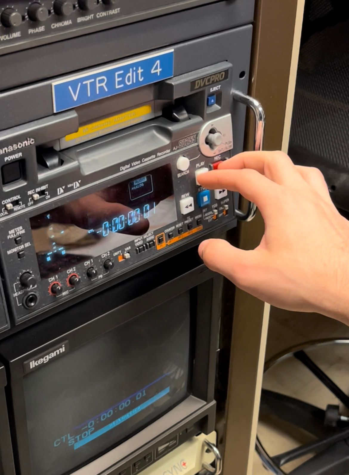Close-up of video recording machine in control room at Cathedral 