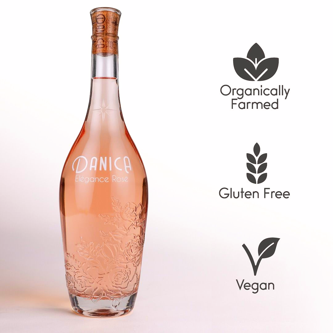 Bottle of pink Danica Rosé wine. Organically farmed, gluten-free, vegan.