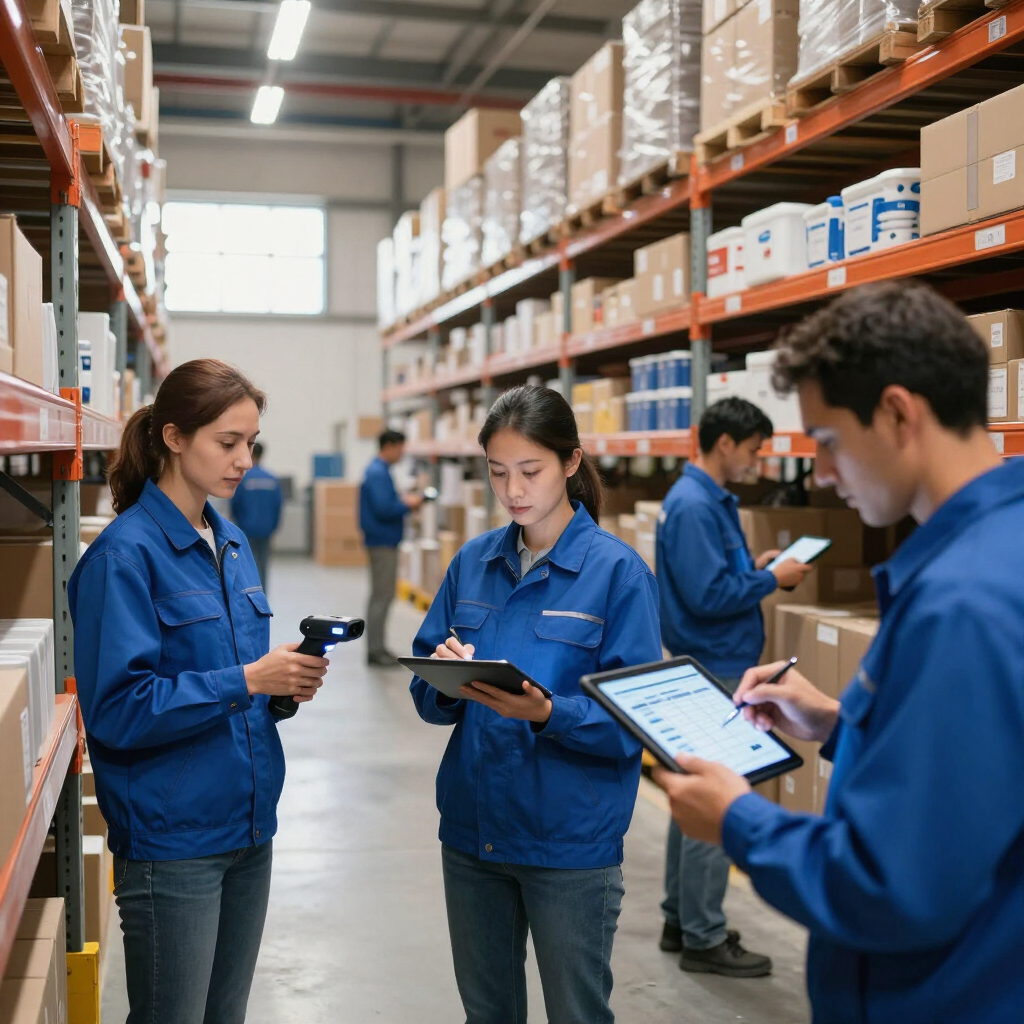 Trabajadores con uniformes azules utilizando tabletas y escáneres en un pasillo de un almacén.