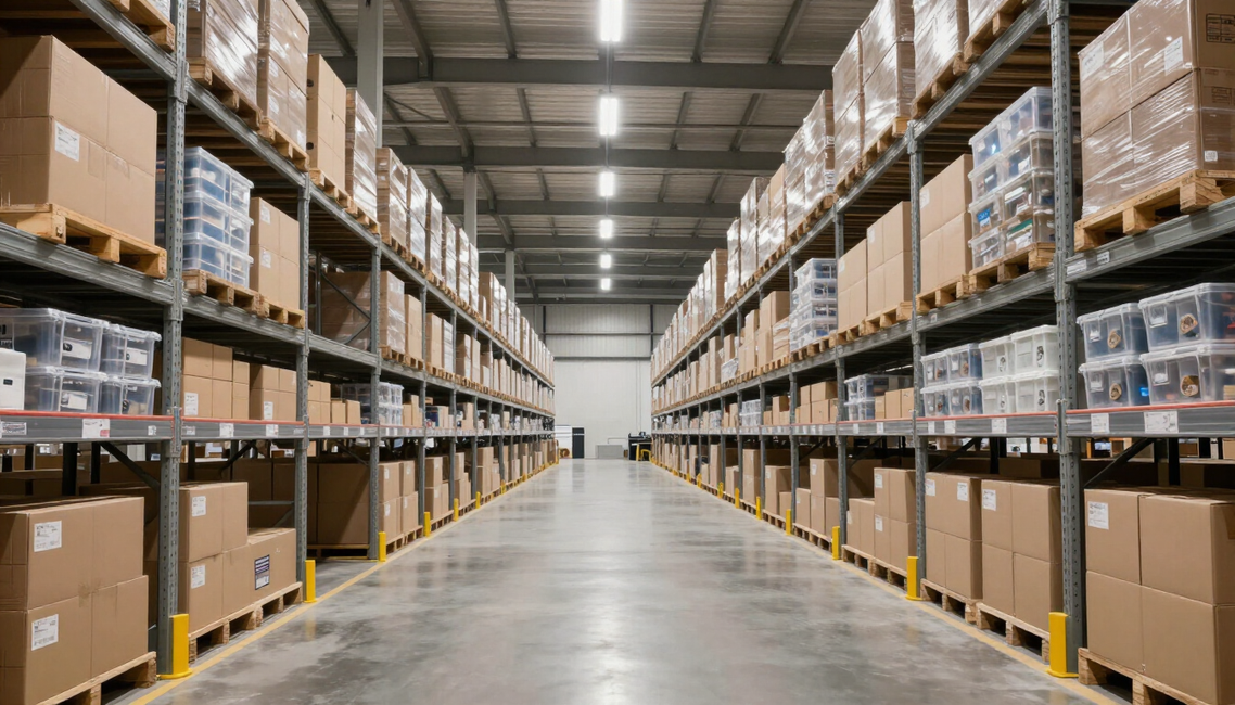 Un pasillo de almacén con estanterías altas repletas de cajas y palés bajo una iluminación brillante.