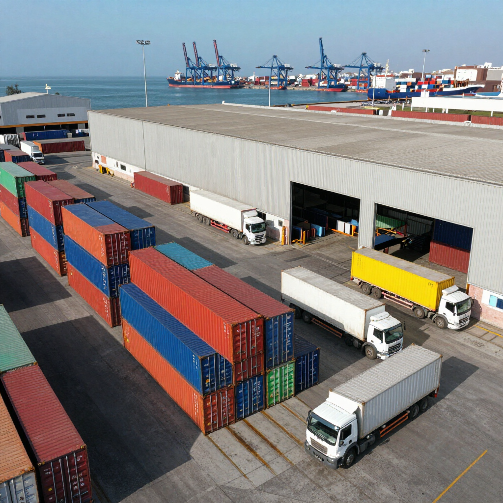 Puerto de carga con contenedores apilados, camiones y grúas junto al muelle.