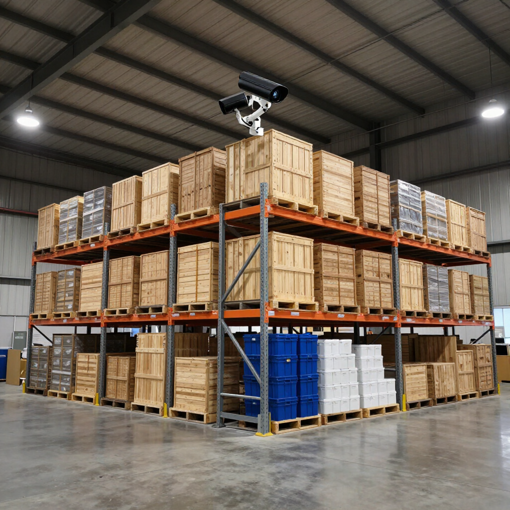Almacén industrial con cajas de madera y palés apilados en estanterías metálicas bajo un techo alto.
