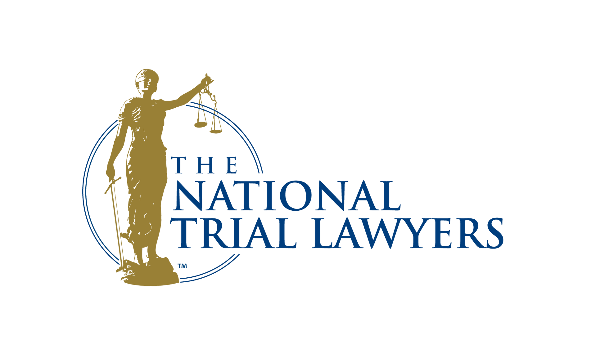 Logo for The National Trial Lawyers: Statue of Justice holding scales, text in blue.