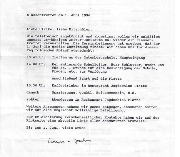 Original Einladung zum Klassentreffen 1996