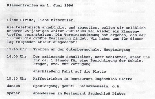 Scan der Einladung zum Klassentreffen am 1. Juni 1996