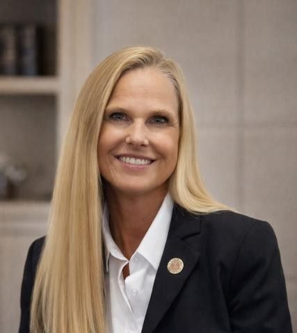A woman in a black jacket and white shirt is smiling in front of a fireplace.