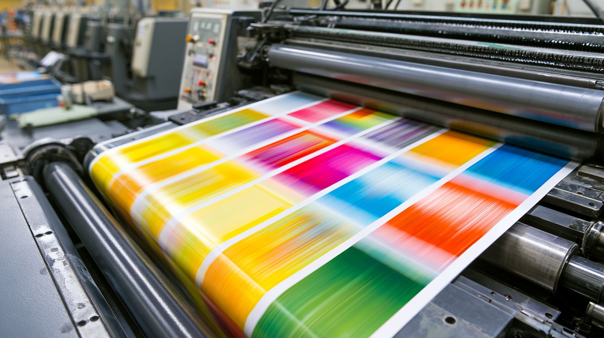High speed printing machine running vibrant colored paper roll in factory 