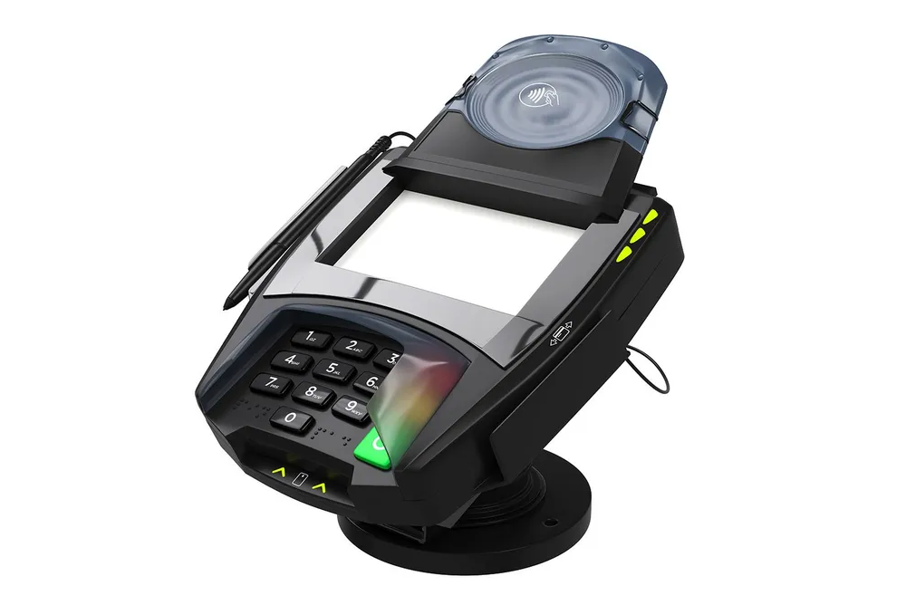 A black credit card machine with a pen attached to it
