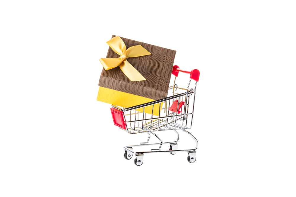 A shopping cart with a gift box in it.