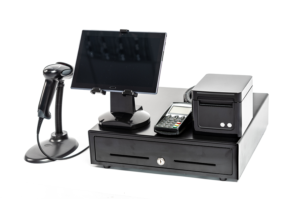 A cash register with a monitor , calculator , and barcode reader.