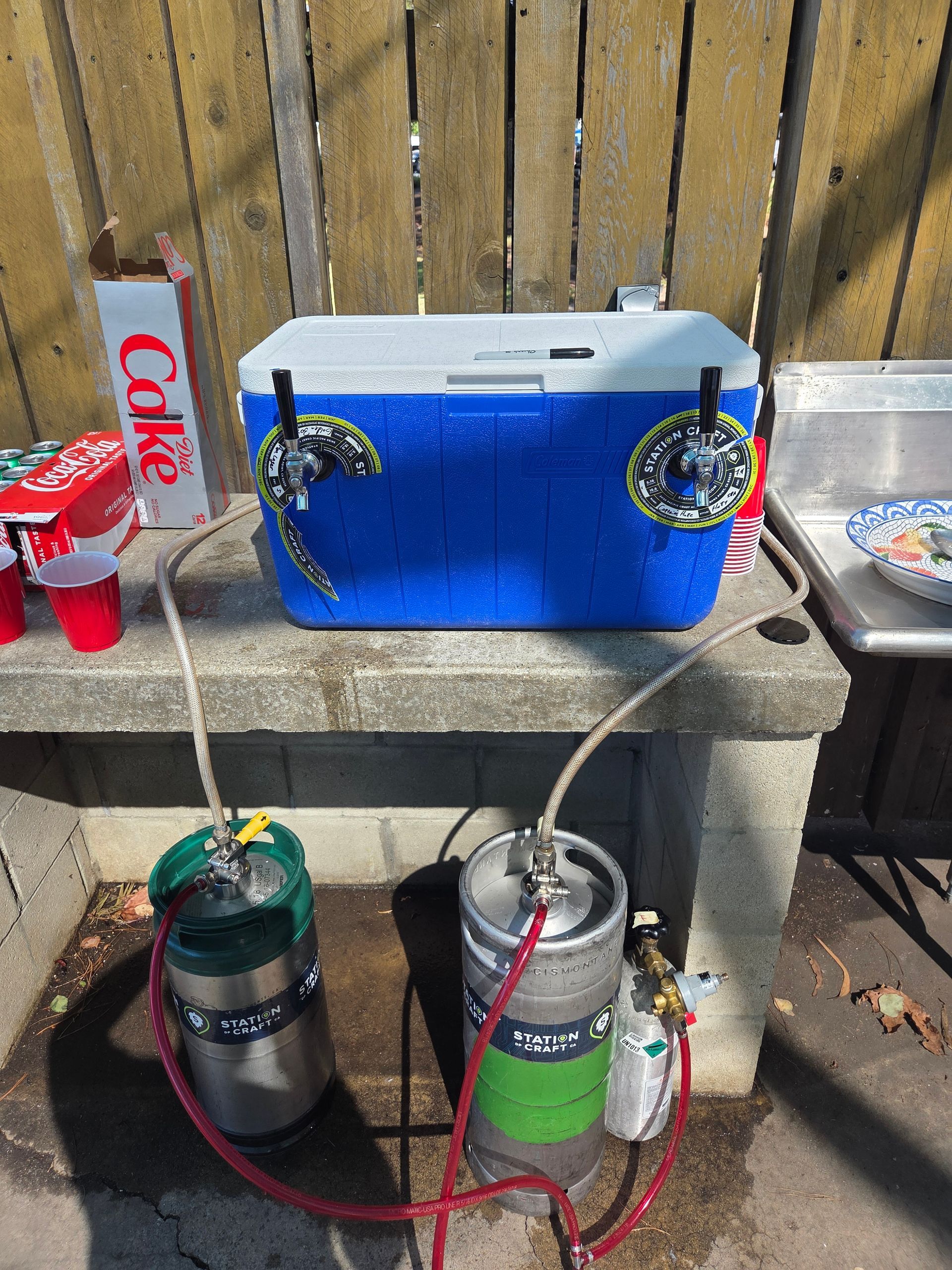 Blue cooler with beer taps connected to kegs. Outdoor setting with Coke box.