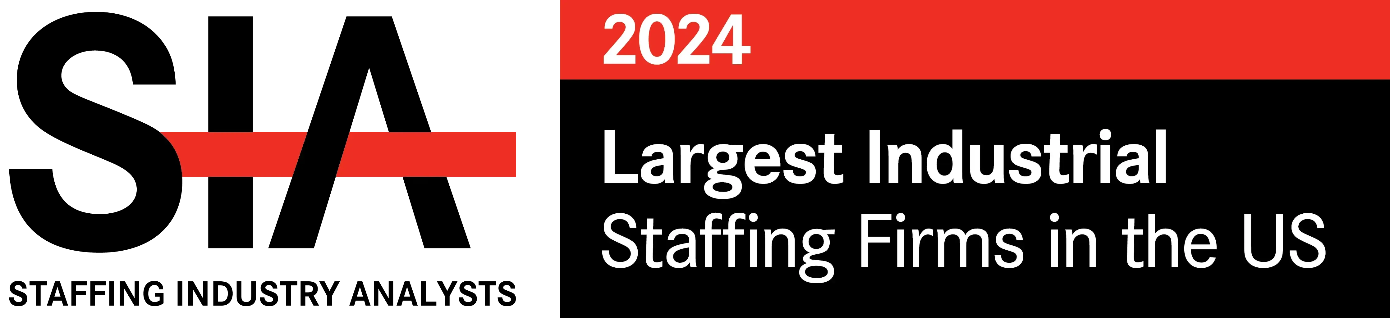 SIA 2024 logo recognizing the Largest Industrial Staffing Firms in the US with black and red text on a white background.