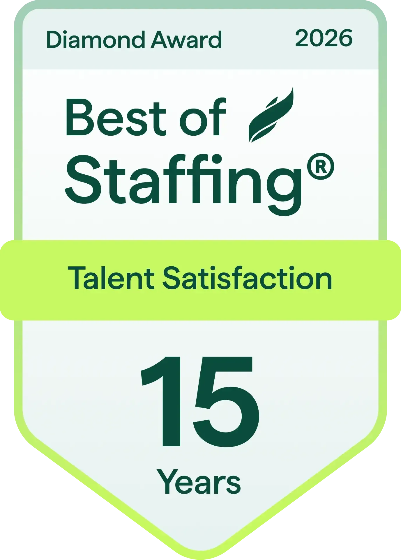 Best of Staffing Diamond Award 2026 for 15 years of Talent Satisfaction, displayed as a green and white badge.