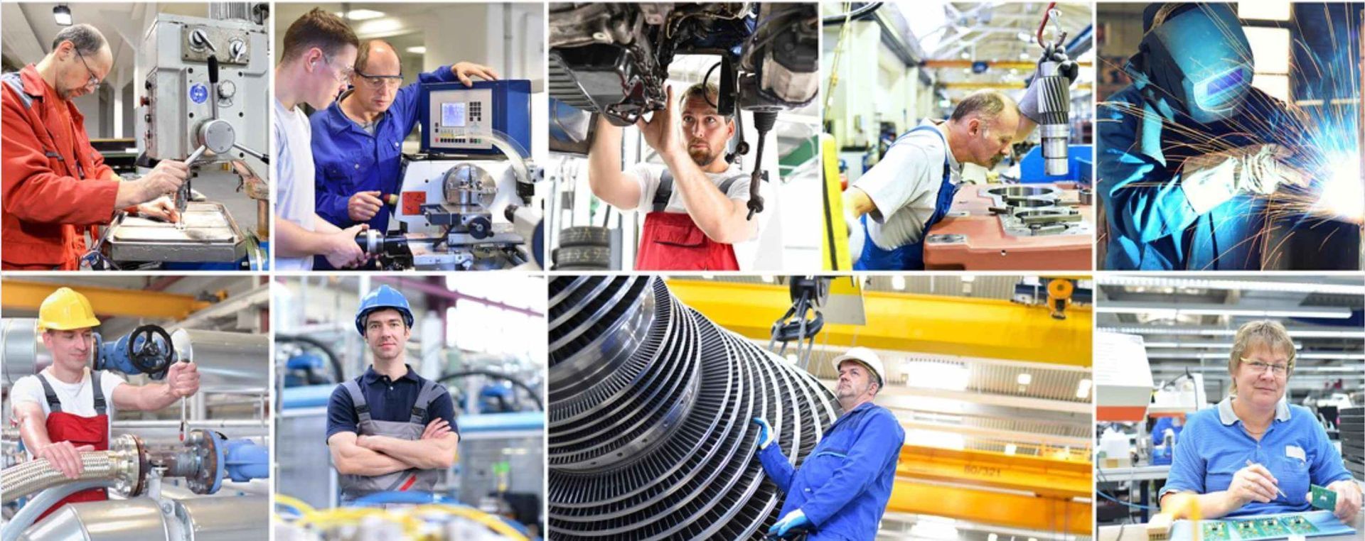 A collage of ten diverse workers in industrial, manufacturing, and technical settings performing various tasks.