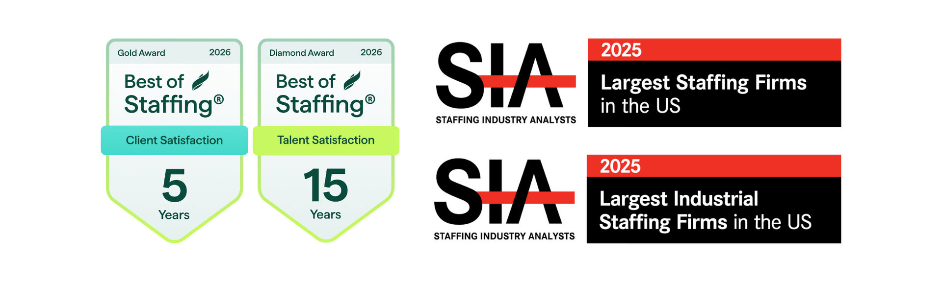 Awards badges and SIA logos showing Best of Staffing and largest staffing firms rankings