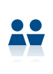 Two blue stylized icons of human figures standing side-by-side with a reflection below them.