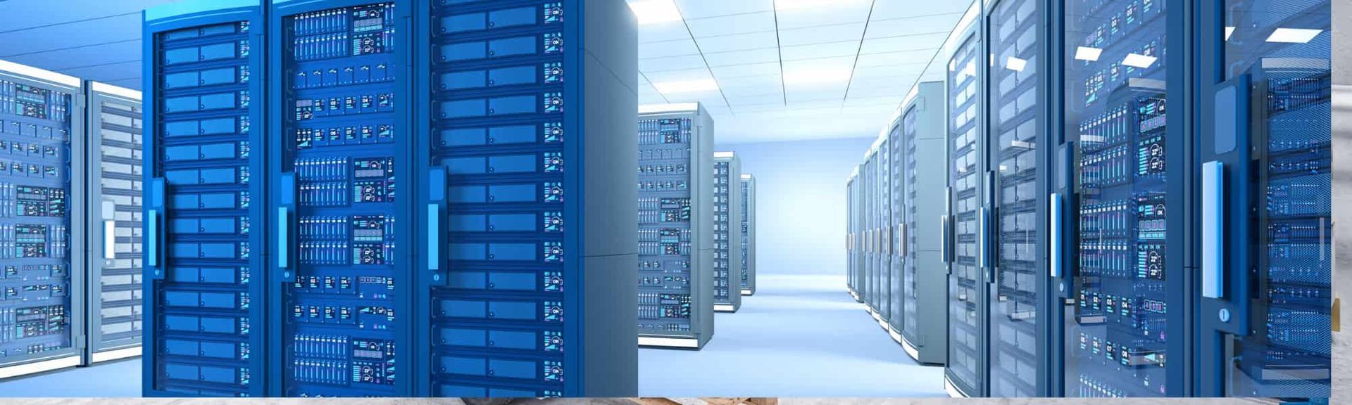 Rows of tall blue server racks housed in a clean, brightly lit modern data center.