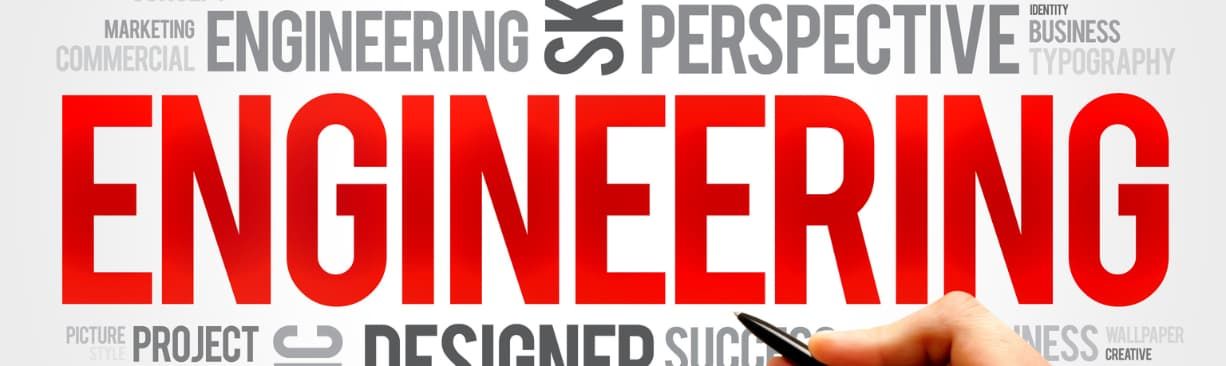 Word cloud with large red “ENGINEERING” and related terms like “project,” “designed,” and “perspective”
