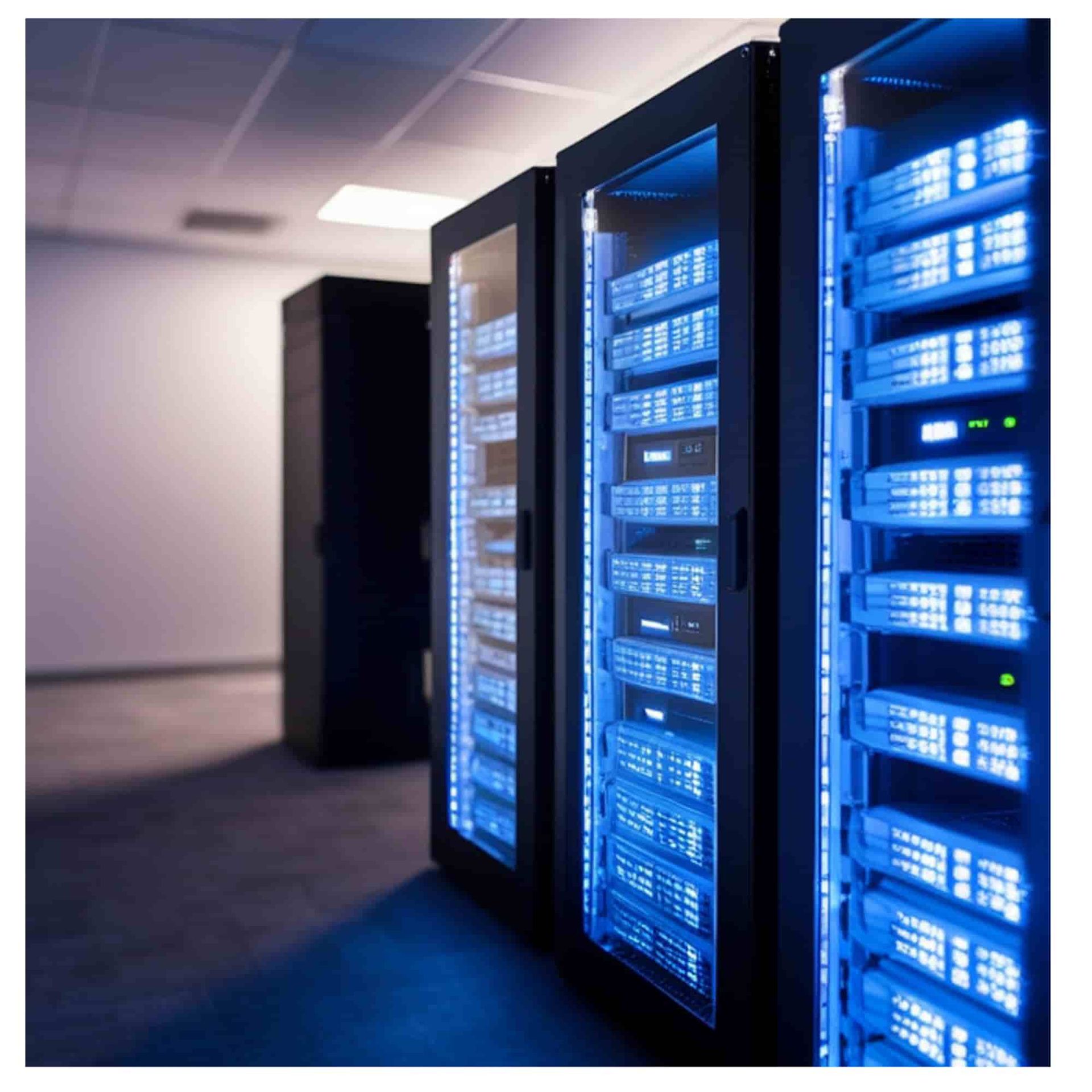 Blue-lit server racks in a data center hallway