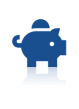 A blue piggy bank icon with a coin slot on top and a reflection underneath.