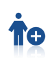 Blue icon of a person next to a circle with a plus sign, signifying