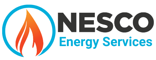 NESCO Energy Services logo with blue and orange flame icon and black-and-blue text
