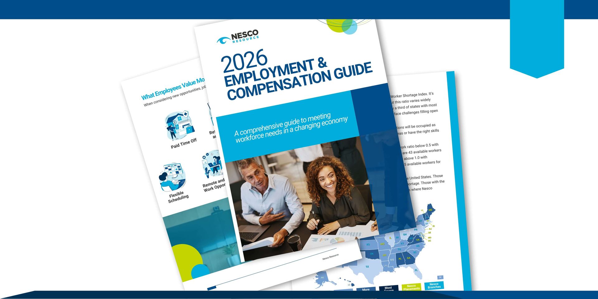 A 2026 Employment and Compensation Guide report cover featuring a professional couple working together at a desk.