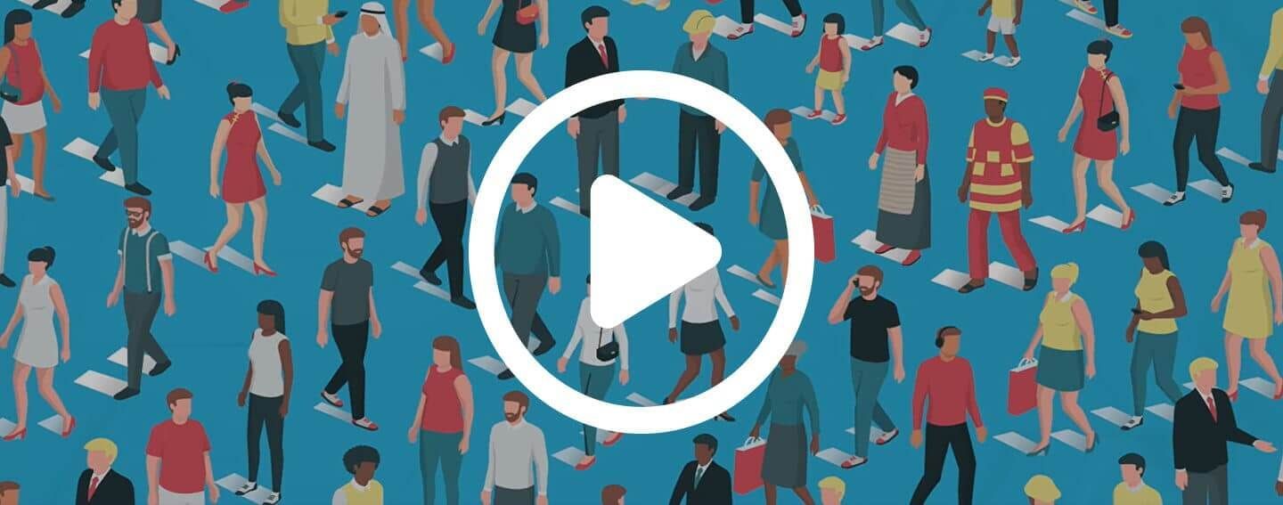 An illustration of a diverse, dense crowd of people walking against a solid teal background with a large white play icon.