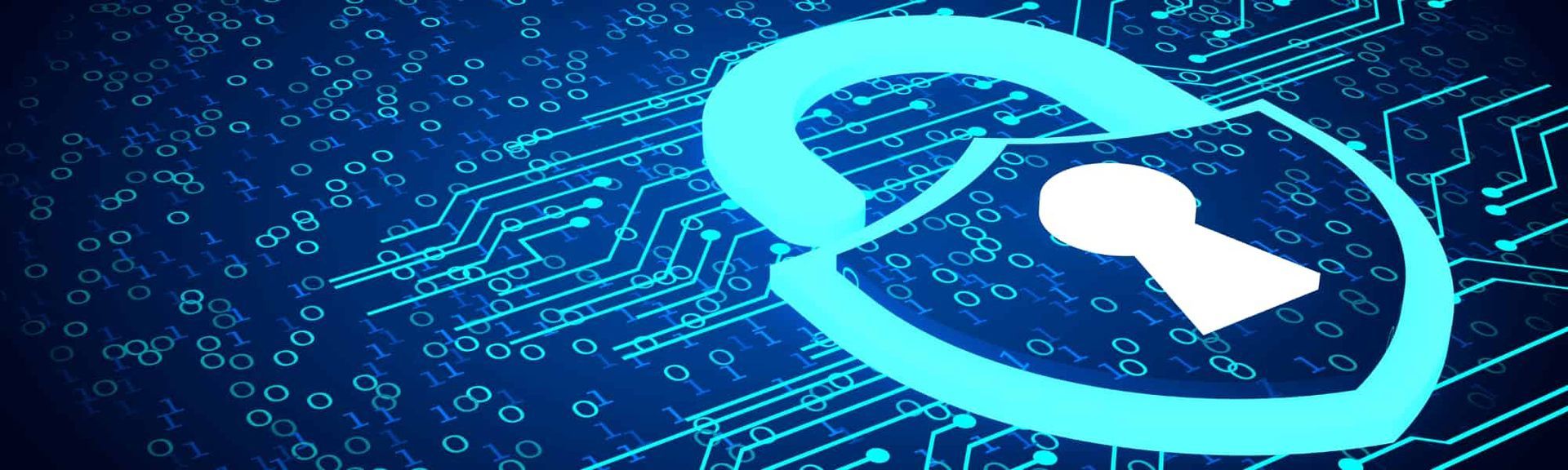 A glowing cyan padlock icon centered over a digital circuit board background with binary code patterns.