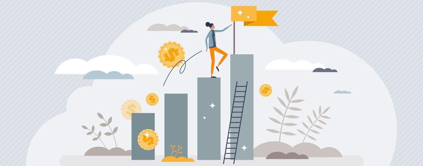 A person steps up a bar chart toward a goal flag, with golden coins and plants set against a light background.
