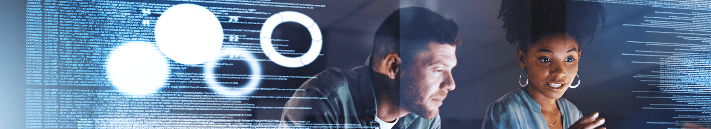 Two people collaborating in a dim, tech-focused setting, with glowing lines of digital code and abstract circles overlaying.