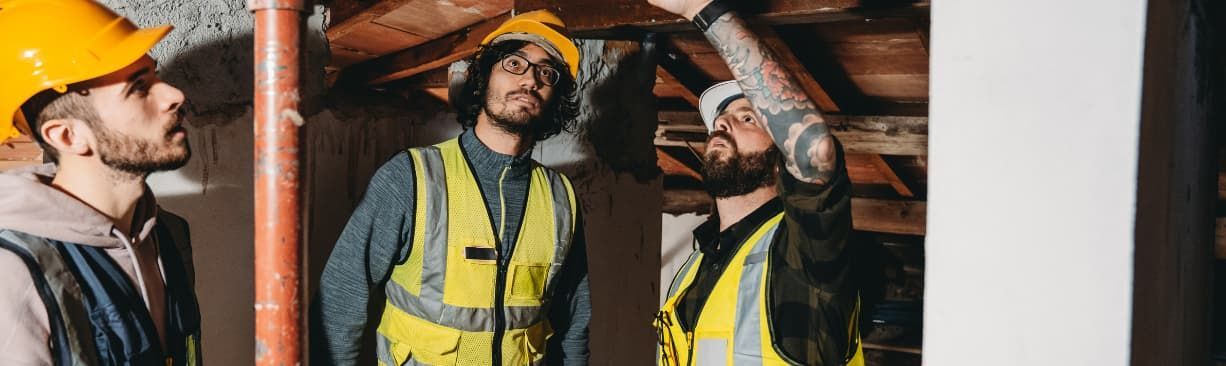 Three construction workers in hard hats and safety vests inspect pipes in an industrial interior.