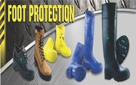 A display of various safety boots, including black, tan, yellow, and blue styles, arranged on a diamond-plate surface.