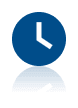 A white clock icon on a blue circular background with a reflection below it.