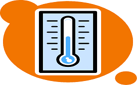 A blue thermometer icon on a light blue background, set within a rounded, orange speech bubble shape.