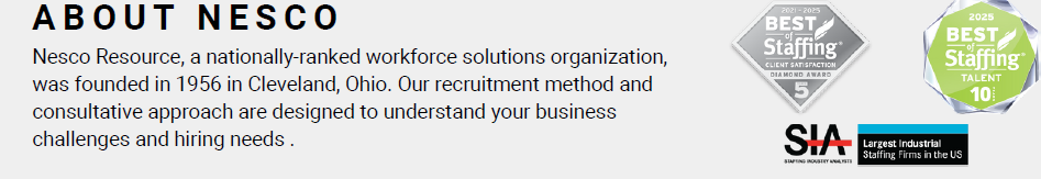 Nesco Resource company profile text, including their founding year and industry awards from SIA and Best of Staffing.