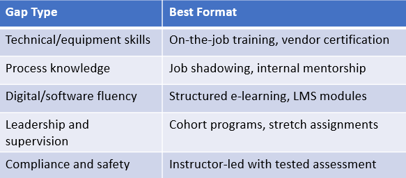 Training table mapping skill gaps to formats: technical, process, digital, leadership, compliance - Nesco