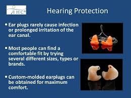 Hearing Protection slide photos of earplugs and with bullet points on foam earplug earmuffs and safety bullet points.