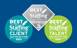 Best of Staffing 2021 Client and Talent satisfaction award badges with a Diamond Award for talent satisfaction.