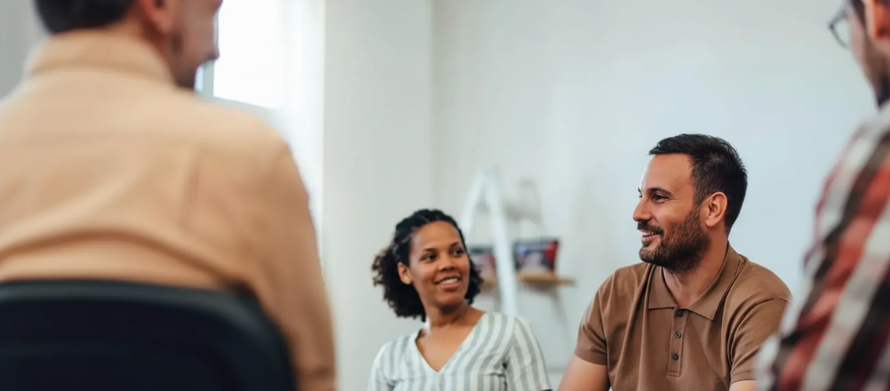 A group of people sitting in a circle during a meeting, engaging in conversation with friendly expressions.